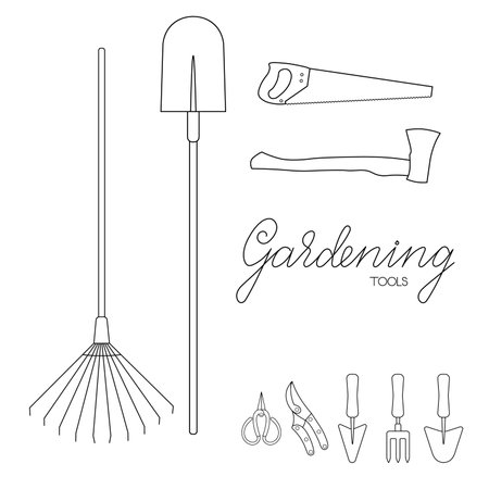 Gardening tools set outline simple minimalistic flat design vector illustration isolated on white backgroundのイラスト素材