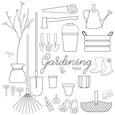 Gardening tools set outline simple minimalistic flat design vector illustration isolated on white backgroundのイラスト素材