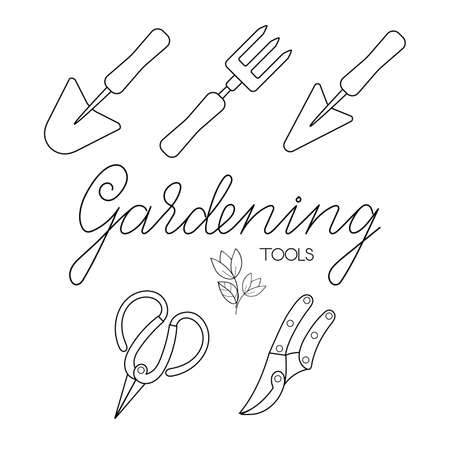 Gardening tools set of trowels, hand fork scissors and pruners with lettering outline simple minimalist flat design vector illustration isolated on white backgroundのイラスト素材