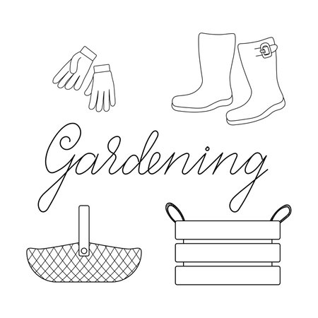 Gardening tools set of basket, box, boots and gloves with lettering outline simple minimalistic flat design vector illustration isolated on white backgroundのイラスト素材