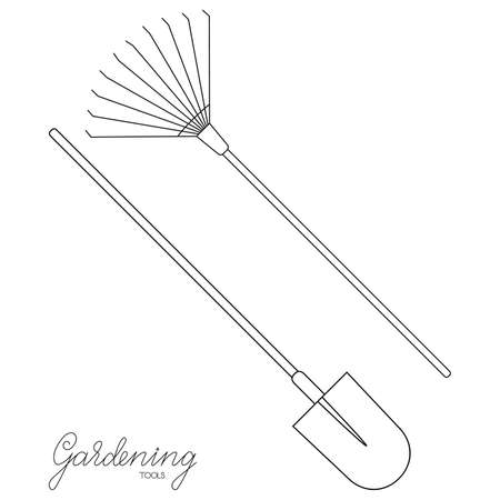 Gardening tools spade and lawn rake outline simple minimalistic flat design vector illustration isolated on white backgroundのイラスト素材
