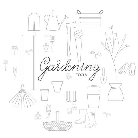 Gardening tools banner outline simple minimalistic flat design vector illustration isolated on white backgroundのイラスト素材