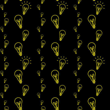 Seamless minimalistic retro light bulb yellow pattern on black backgroundのイラスト素材