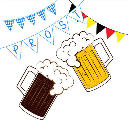 Mugs with lager and dark beer poster prost for oktoberfest on white backgroundのイラスト素材