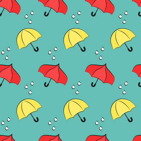 Red and yellow opened umbrellas seamless vector illustration pattern on blue background