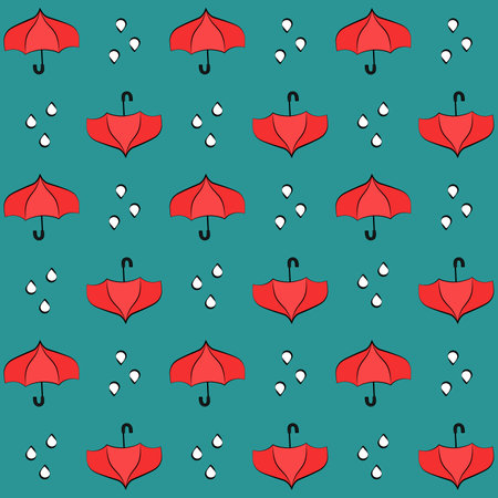 Red umbrellas seamless pattern with raindrops on blue backgroundのイラスト素材