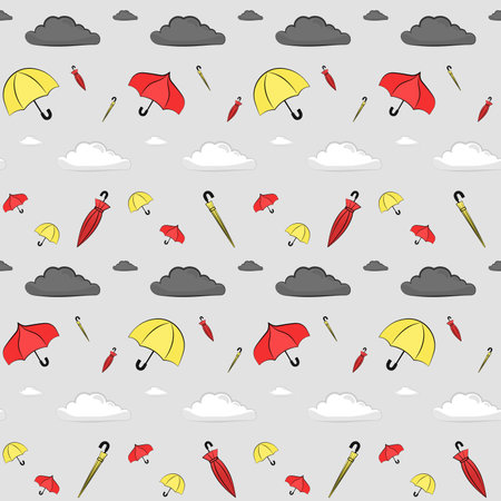 Seamless autumn pattern for fabric for kids with gray and white clouds, red and yellow umbrellas in different positions on gray backgroundのイラスト素材