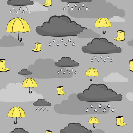 Seamless vector pattern in gray and yellow colous for fabric and wrapping paper with umbrellas and gumboots in clouds on gray backgroundのイラスト素材
