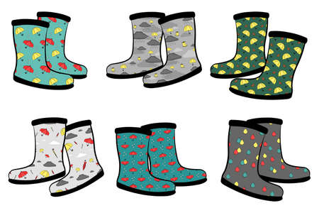Set of rubber boots with different prints. Waterproof footwear for seasonal design in flat style. Isolated vector illustration of gumboots for protection against water and puddles. Rainboots on white background.の写真素材