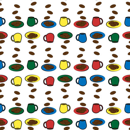 Seamless cups and plates with cookies vector pattern on white backgroundのイラスト素材