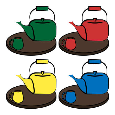 Set of four color teapots and cups on wooden trays on white backgroundのイラスト素材