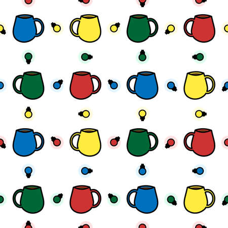 Color cups and light bulbs seamless pattern on white background for holiday fabric and wrapping paperのイラスト素材