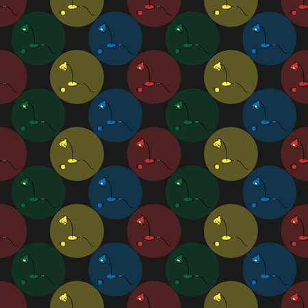 Seamless pattern with colorful retro lamps in round light shadows on dark gray backgroundのイラスト素材