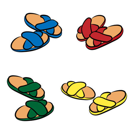 Set of four vector illustration of color pair of home cozy slippers on white backgroundのイラスト素材