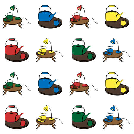 Seamless pattern cozy living room with small tables and teathings lamps and cookies on them in four different colors on white backgroundのイラスト素材