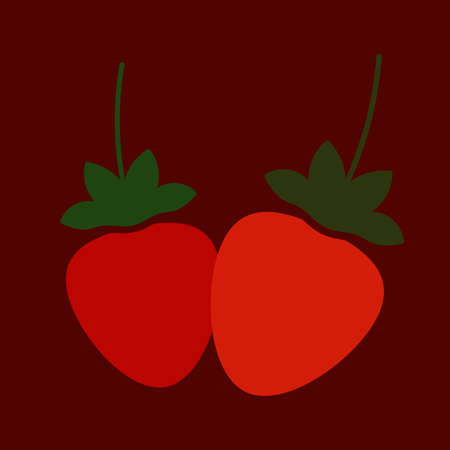 Pair of strawberrys flat vector outline illustration in minimalistic style on red backgroundのイラスト素材