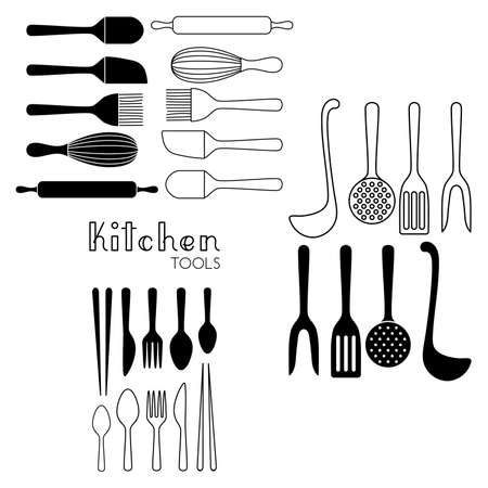 Kitchen tools utlery set of spoons, fork, knife and pair of chopsticks, baking and cooking utensil outline simple minimalistic flat design vector icons illustration isolated on white backgroundのイラスト素材