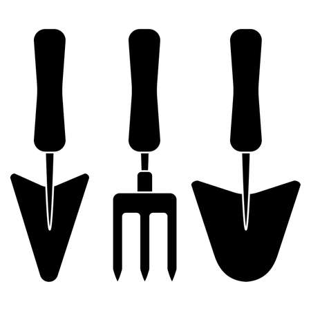 Gardening tools set of trowels and hand fork negative outline simple minimalistic flat design icon vector illustration isolated on white backgroundのイラスト素材