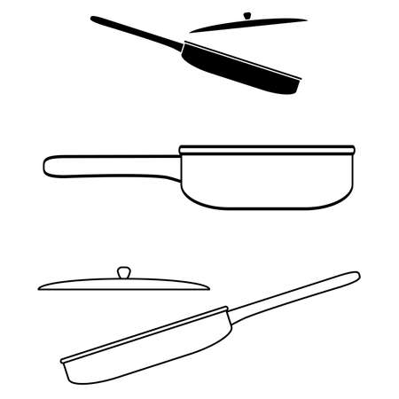 Kitchen tools set of three pans line and negative outline simple minimalistic flat design vector icons illustration isolated on white backgroundのイラスト素材