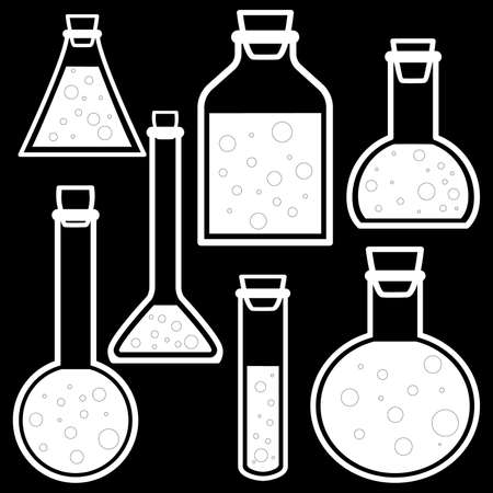 Chemical test tubes vector icons set minimalist flat illustrations. Experiment chemical flasks for science isolated on black background.のイラスト素材