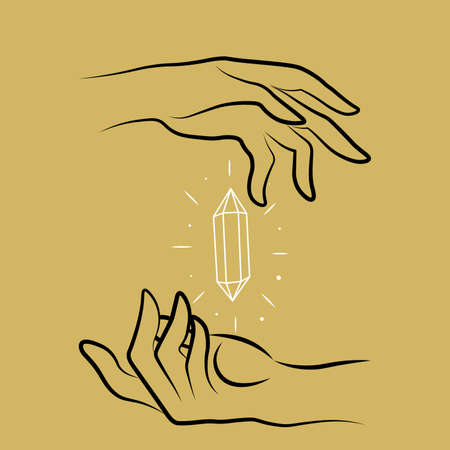 Hipster magic crystal in hands outline vector illustration minimalist icon set. Linear sign of treasure gem. Mineral, diamond, quartz simple icons isolated.のイラスト素材