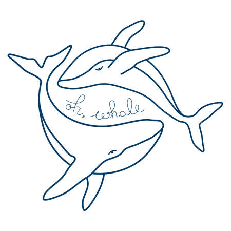 Humpback whales and handdrawn lettering phrase minimalist simple outline vector logo illustration. Isolated contour whale drawing on white backgroundのイラスト素材