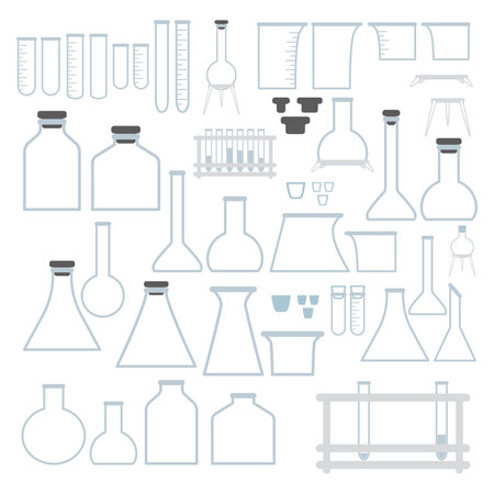 Set of different sizes, shapes and types of chemical test tubes vector icons set minimalist flat illustrations. Experiment chemical flasks for science isolated on white background.のイラスト素材