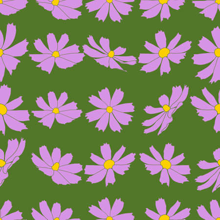 Seamless pattern with cosmos flower branch vector illustration isolated on green background. Outline hand drawn colored version. Floral vector for childrens fabric, summer design.のイラスト素材
