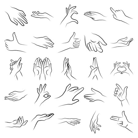 Set of miscellaneous women hands gestures simple outline minimalistic linear style. Vector Illustration of female hands for create logos, prints, patterns and other designs on white backgroundのイラスト素材