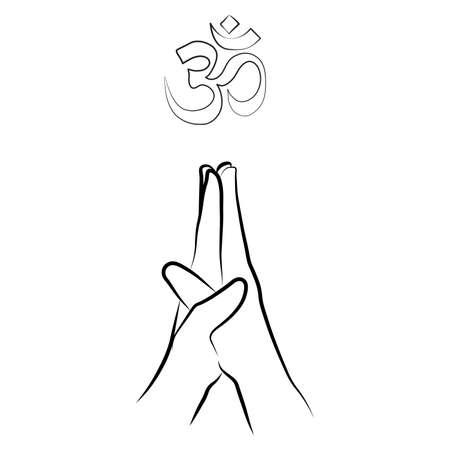 Women hands in prayer namaste gesture and om sign simple outline minimalistic linear style. Vector Illustration of female hands for create logos, prints, posters and other designs on white backgroundのイラスト素材