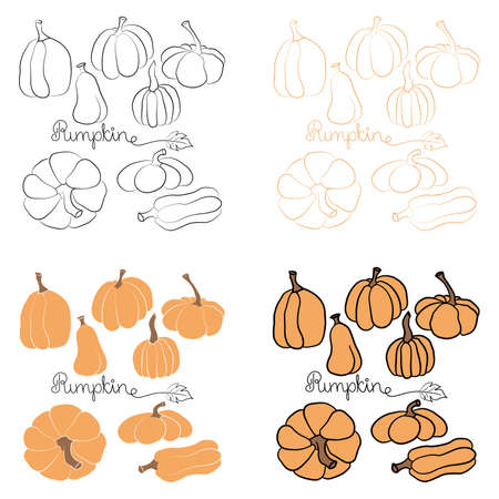 Pumpkin icon vector illustration set and handdrawn lettering. Autumn Halloween or Thanksgiving pumpkin symbol in flat design, outline silhouette isolated on white backgroundのイラスト素材