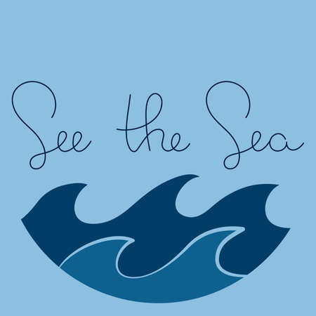 Simple minimalist waves and lettering phrase handdrawn water lake river logo vector illustration, design isolated on blue backgroundのイラスト素材