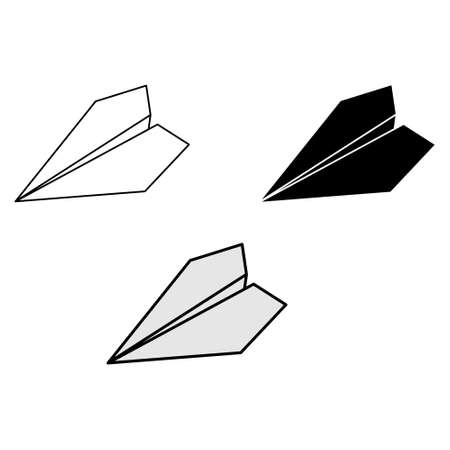 Set of three types vector illustrations of paper plane icons. Outline simple, silhouette and color paper airplane isolated on white background. Icon symbol of travel and route.のイラスト素材