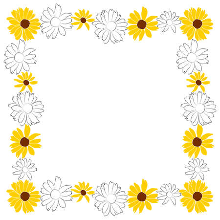 Border of open heliopsis blossom vector illustration isolated on white background. Vector sketch style top view hand drawing of wild, heliopsis, false sunflower.のイラスト素材