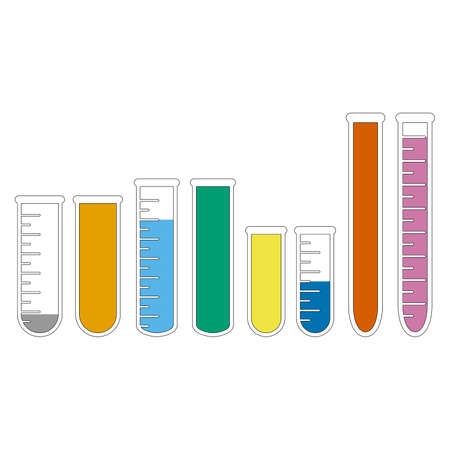 Chemical test tubes vector icons set of different sizes of flasks minimalist simple flat illustrations. Experiment chemical flasks for science isolated on white background.のイラスト素材