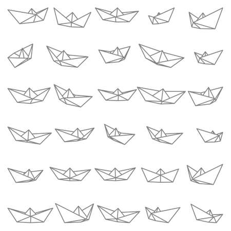 Set of vector illustrations of paper boat icons. Outline simple craft paper boat isolated on white background. Icon symbol of travel and sea.のイラスト素材