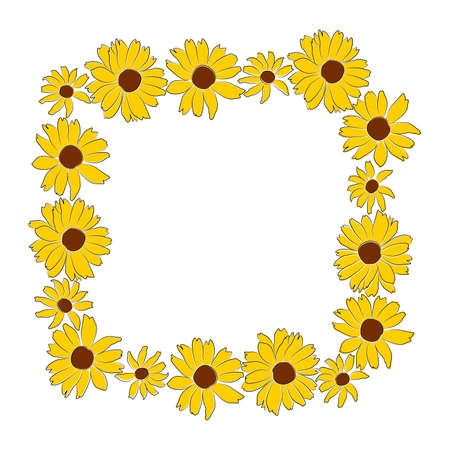Border of open heliopsis blossom vector illustration isolated on white background. Vector sketch style top view hand drawing of wild, heliopsis, false sunflower.のイラスト素材