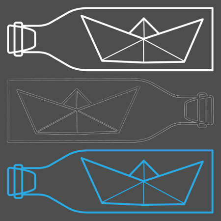 Set of vector illustrations of paper boat in bottle icons. Outline simple paper boat isolated on gray background. Icon symbol of travel and sea.のイラスト素材