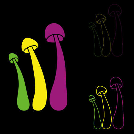 Set of neon mushrooms vector simple illustration isolated on black background. Outline and color silhouettes version. Psychedelic mushrooms. Vector mycology. Natural healthy fungus, autumn design.のイラスト素材