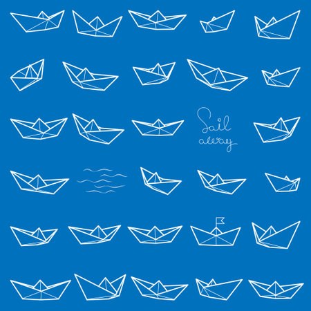 Set of vector illustrations of paper boat icons with handdrawn waves and lettering. Outline simple paper boat isolated on blue background. Icon symbol of travel and sea.のイラスト素材
