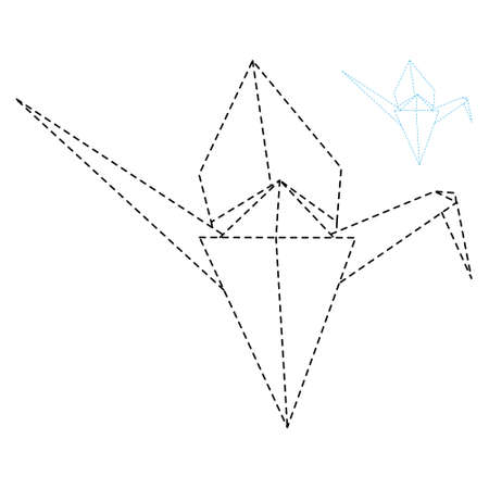 Set of origami crane vector outline dashed illustration isolated on white background. Japanese origami crane for infographic, website or app. Geometric line shape for art of folded paper.のイラスト素材
