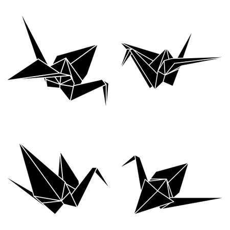 Set of origami crane vector silhouette illustration icon isolated on white background. Japanese origami crane for infographic, website or app. Geometric line shape for art of folded paper.のイラスト素材