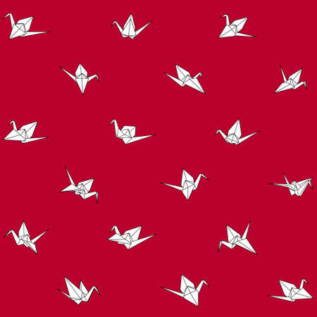 Pattern of origami crane vector silhouette illustration isolated on red background. Japanese origami crane print for fabric and wallpaper. Line shape for art of folded paper.のイラスト素材