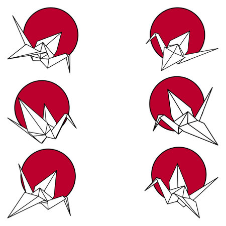 Set of origami crane white on Japan flag in background vector illustration icon isolated on white background. Japanese origami crane for infographic, website or app.のイラスト素材