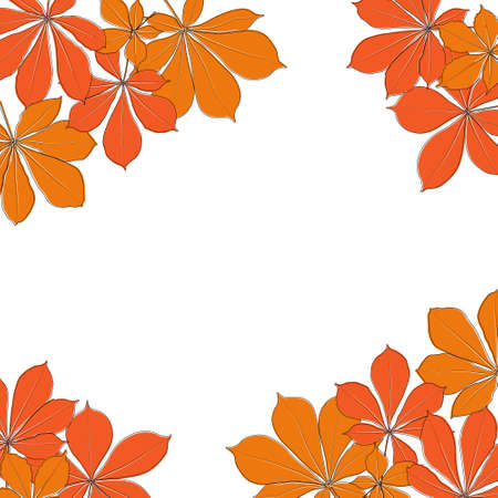 Border of vector chestnut leaf outline. Simple outline chestnut leaves illustration for frame and web banner. Realistic hand drawn leaves set on white background.のイラスト素材