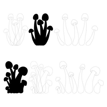 Set of mushrooms vector simple illustration isolated on white background. Outline and silhouette hand drawn version. Vector mycology. Natural healthy fungus, autumn design.のイラスト素材
