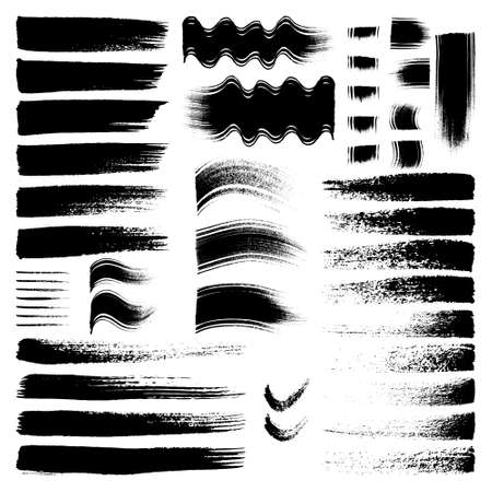 Black ink vector brush strokes set. Vector paintbrush set of illustrations. Dirty grunge artistic hand drawn ink texture banners and design elements isolated on white background.のイラスト素材