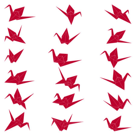 Set of origami crane vector silhouette illustration icon isolated on white background. Japanese traditional origami crane for infographic, website or app. Geometric line shape for art of folded paper.のイラスト素材