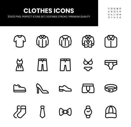 Simple clothes icons set with editable stroke in 32 x 32 pixel perfect - Premium Qualityのイラスト素材