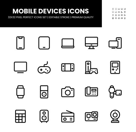 Simple mobile devices icons set with editable stroke in 32 x 32 pixel perfect - Premium Qualityのイラスト素材